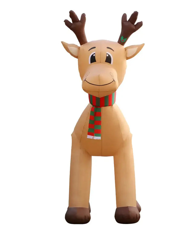 Inflatable cartoon reindeer with scarf in front of 5M Christmas illuminated decoration