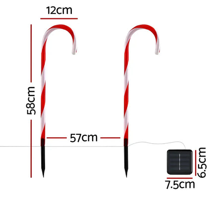 Candy cane-shaped solar LED garden lights with dimensions for Christmas outdoor decoration