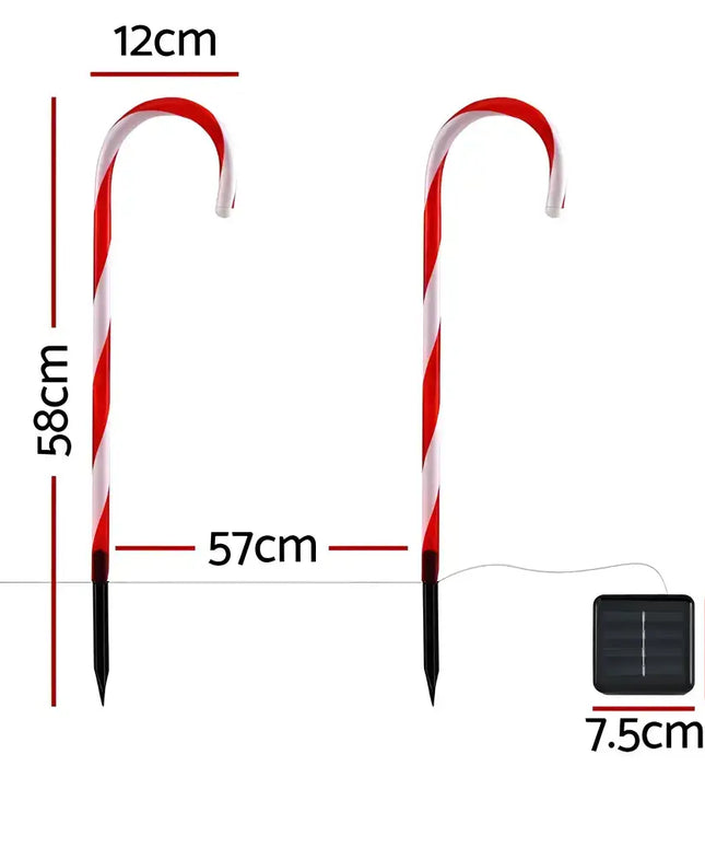 Candy cane-shaped solar LED garden lights with dimensions for Christmas outdoor decoration