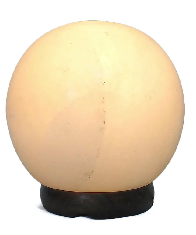 Elegant 6” white spherical Himalayan salt lamp on a natural timber base, perfect for modern decor.
