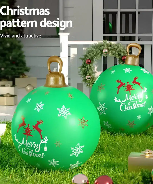 Green Christmas ornament decorations on a 60cm inflatable outdoor Christmas ball bauble