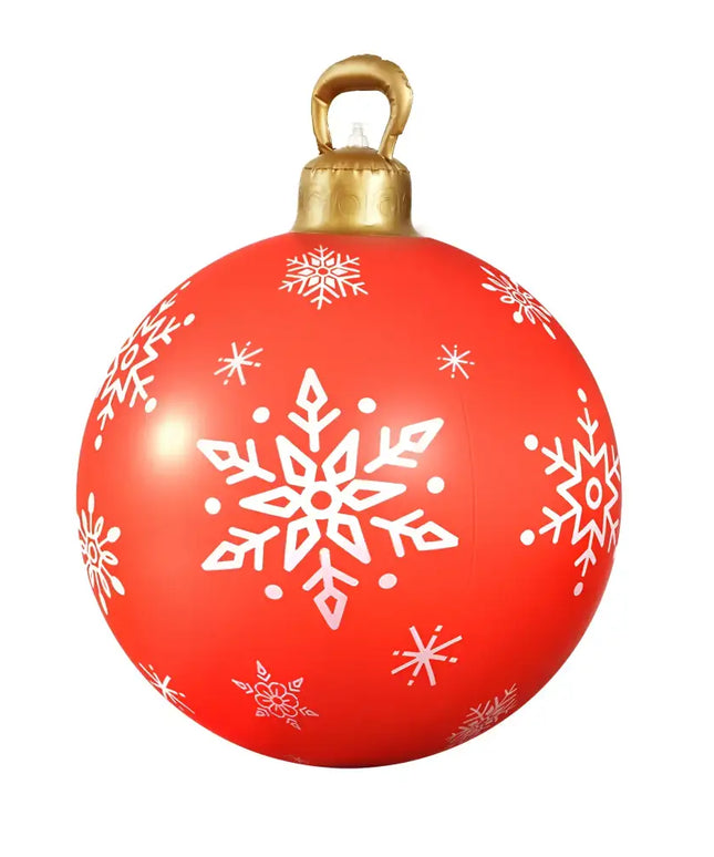 Red Christmas ornament with white snowflake designs for outdoor decoration