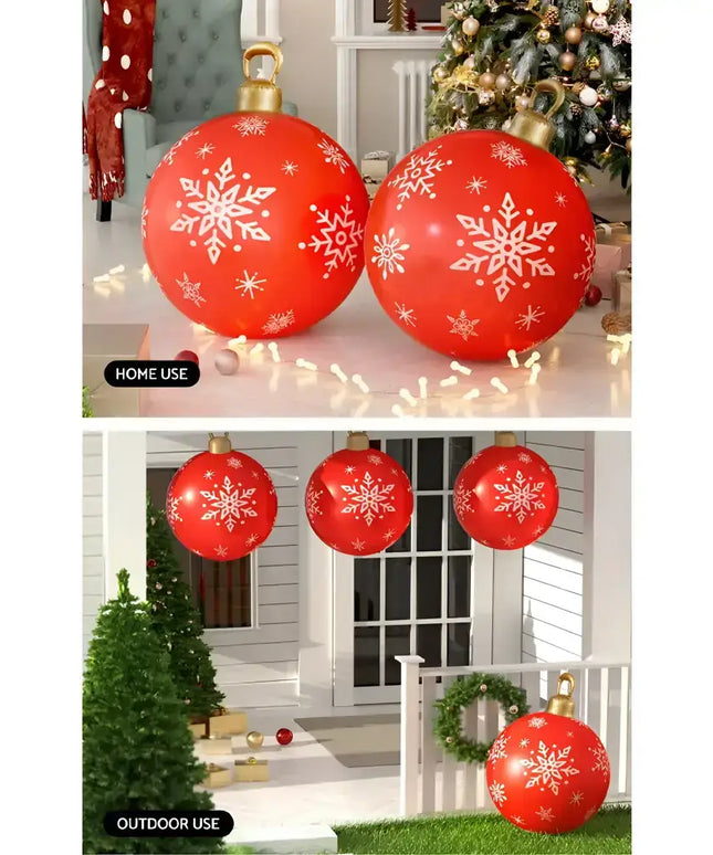 Red inflatable Christmas ornaments displayed on a 60cm Christmas Inflatable Ball Bauble outdoor decoration