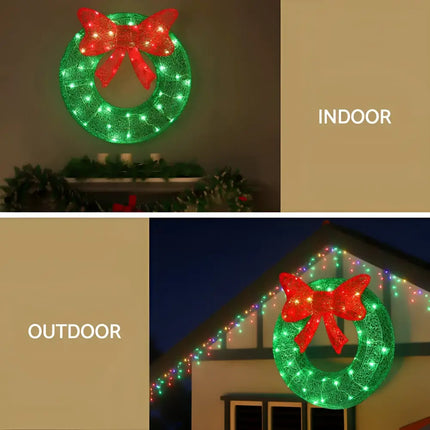 Illuminated Christmas wreath with red bow on 60cm Green LED Motif Solar Wreath Christmas Decorations