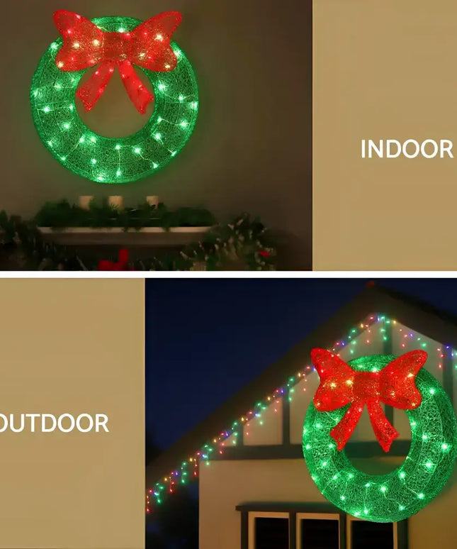 Illuminated Christmas wreath with red bow on 60cm Green LED Motif Solar Wreath Christmas Decorations