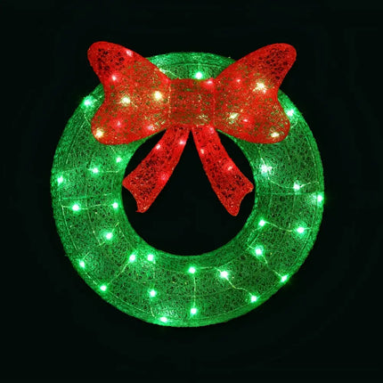 Illuminated green Christmas wreath with red bow, 60cm Green LED Solar Wreath decoration
