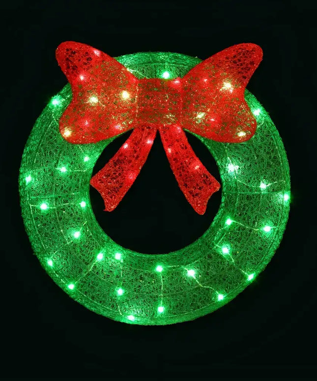 Illuminated green Christmas wreath with red bow, 60cm Green LED Solar Wreath decoration