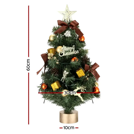 Decorated 60CM Tabletop LED Christmas Tree with dimensions displayed, festive holiday decor