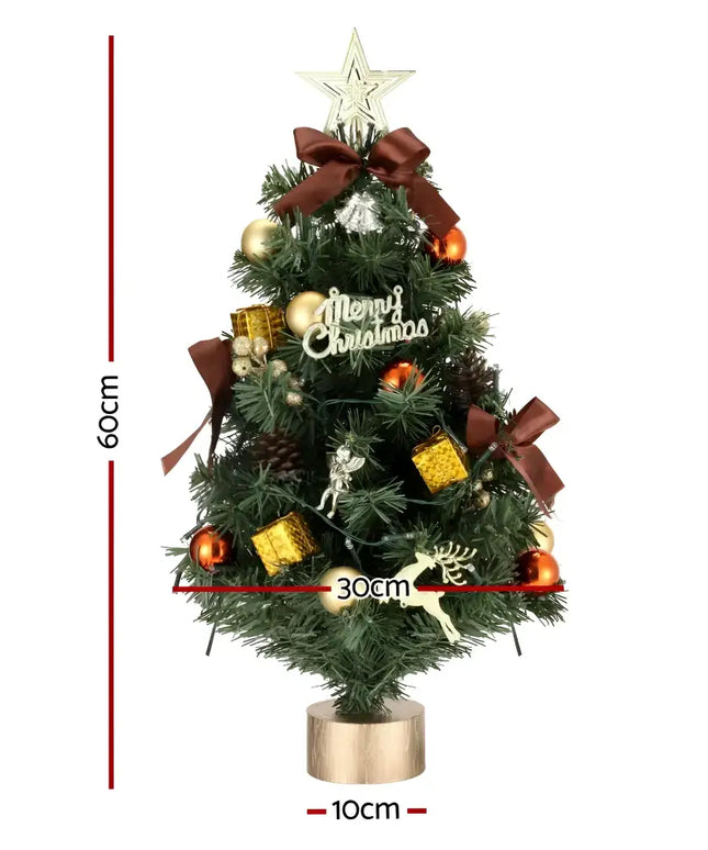Decorated 60CM Tabletop LED Christmas Tree with dimensions displayed, festive holiday decor