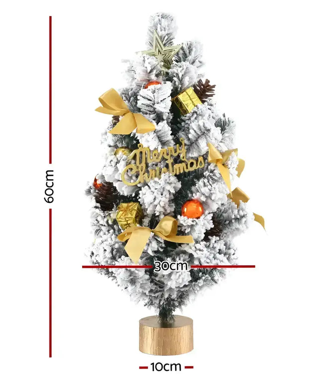 Decorated snow-flocked 60CM Tabletop Snowy Christmas Tree adorned with ornaments