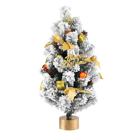 Decorated snow-flocked Christmas tree displayed on the 60CM Tabletop Snowy Christmas Tree product