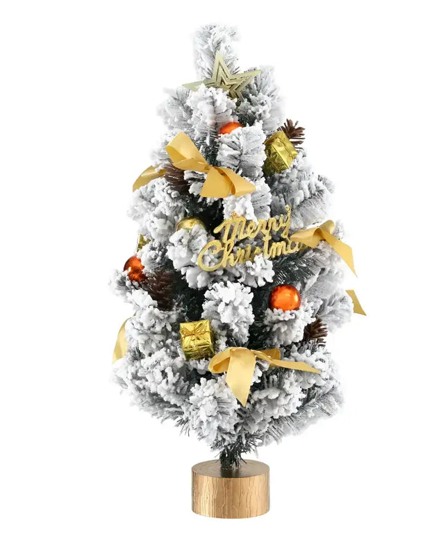 Decorated snow-flocked Christmas tree displayed on the 60CM Tabletop Snowy Christmas Tree product