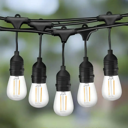 Outdoor string of lights with 60 bulbs on a black hanging festoon for outdoor decor