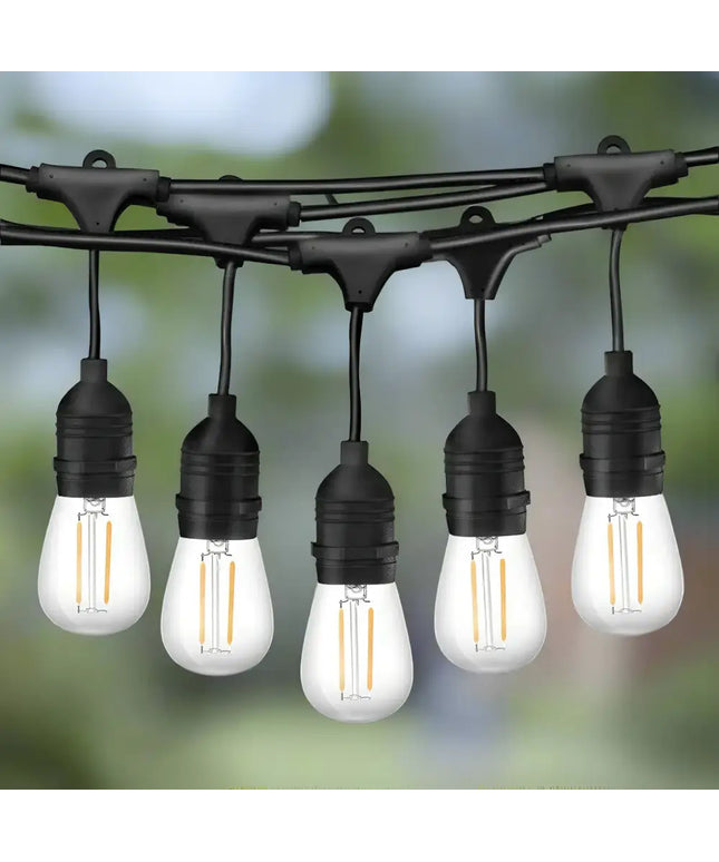 Outdoor string of lights with 60 bulbs on a black hanging festoon for outdoor decor