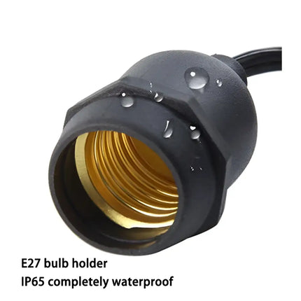 Waterproof E27 bulb holder included in 60m Black Hanging Festoon String Lights kit