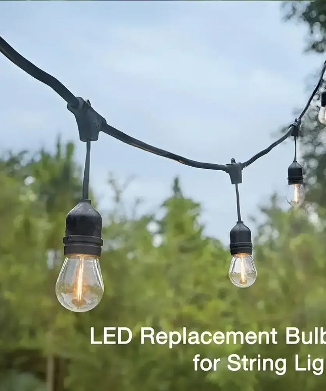 String of outdoor LED lights on black hanging festoon string with 60 bulbs and plug-in kit