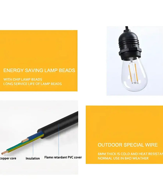 Outdoor lighting features of 60m Black Hanging Festoon String Lights with 60 Bulb Plug in Kit