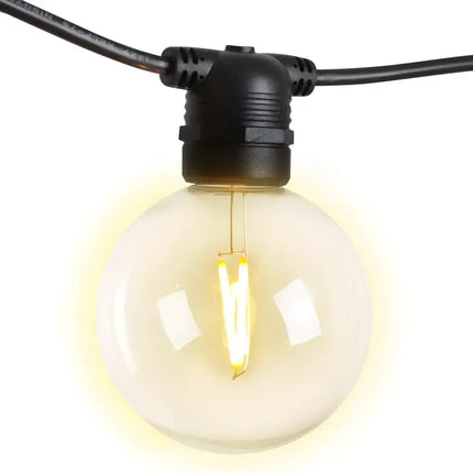 Illuminated round bulb with black fixture from 68m Black Festoon String Lights kit