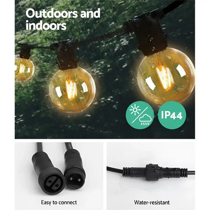 Outdoor black festoon string lights with water-resistant connectors and 70 bulbs