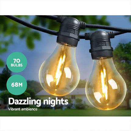 Outdoor string lights with 70 bulbs in a black festoon design for decorative illumination