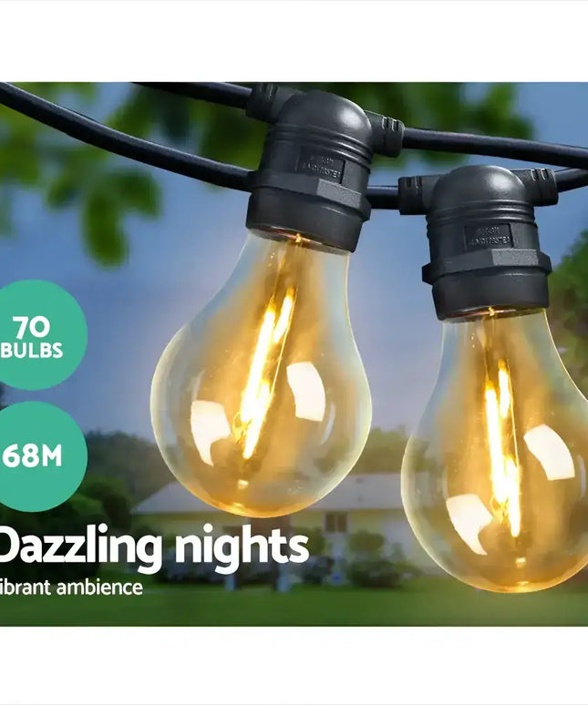 Outdoor string lights with 70 bulbs in a black festoon design for decorative illumination