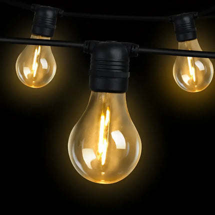 String of illuminated vintage bulbs on 68m Black Festoon String Lights with 70 Bulb Kit