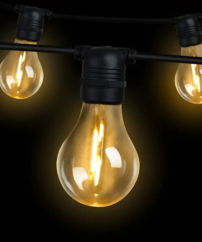 String of illuminated vintage bulbs on 68m Black Festoon String Lights with 70 Bulb Kit