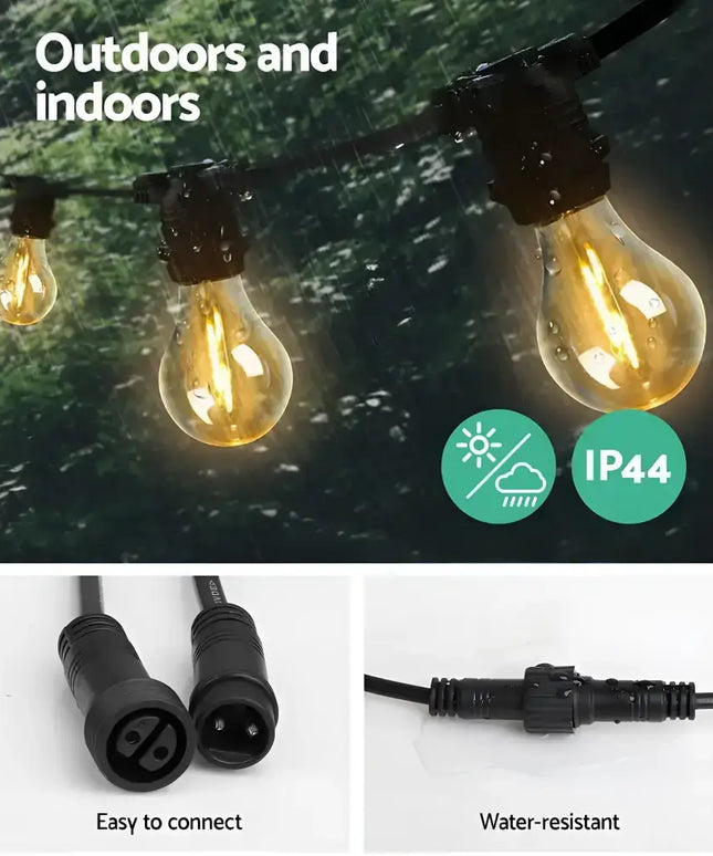 Water-resistant black festoon string lights with easy-connect plugs and 70 bulbs