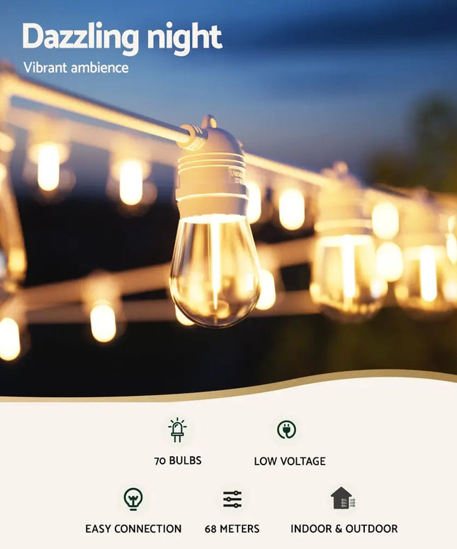 68m White Festoon String Lights with 70 Bulb Plug in Kit - Occasions > Christmas > Outdoor Decorations & Lights