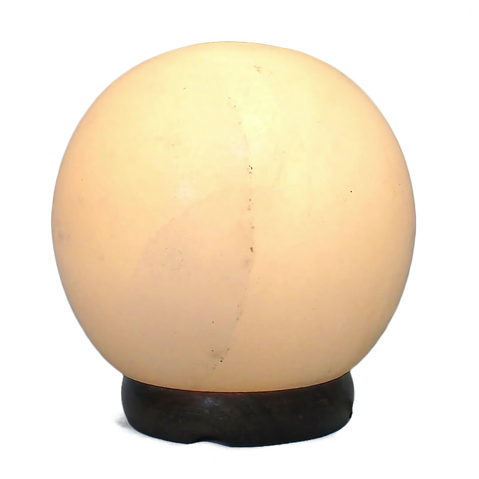 Elegant 6” white spherical Himalayan salt lamp on a natural timber base, perfect for modern decor.