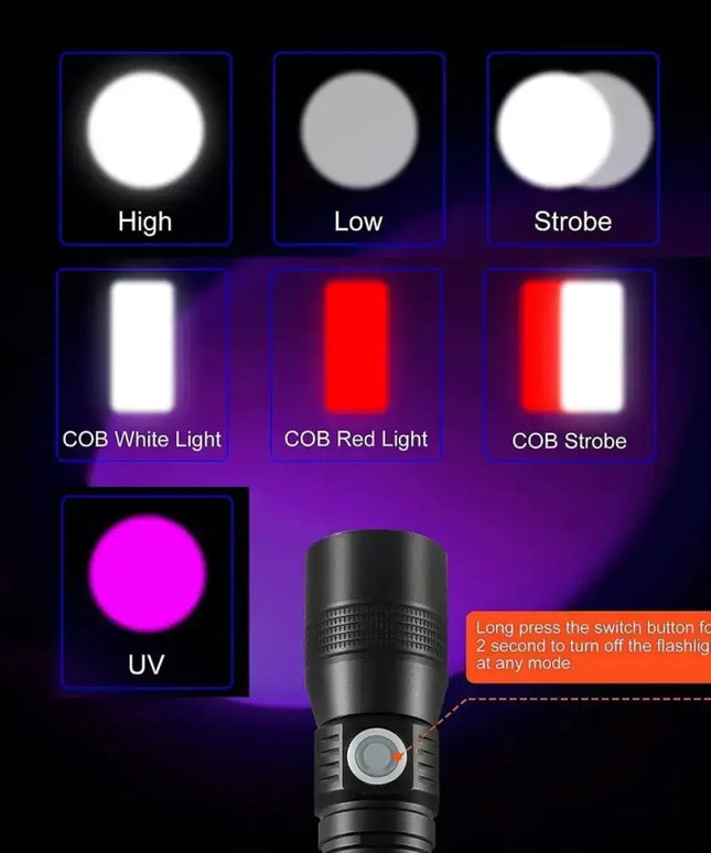7 Modes Waterproof Rechargeable UV Light Flashlight Torch for Camping-Outdoor > Camping-Dropli