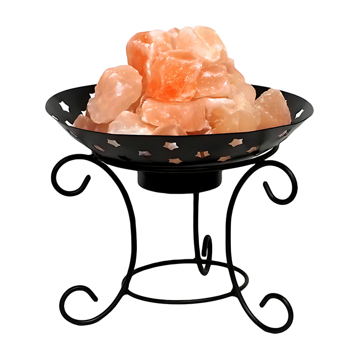 Himalayan salt iron fire bowl lamp with glowing crystals, perfect for home decor.