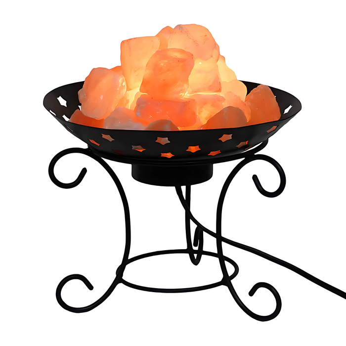 Handcrafted Himalayan salt crystals in an elegant iron fire bowl design.