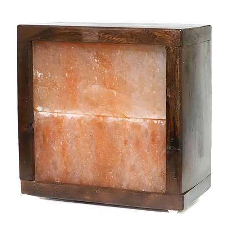 Handcrafted wooden box slab Himalayan salt lamp emitting a warm amber glow, ideal for home decor.