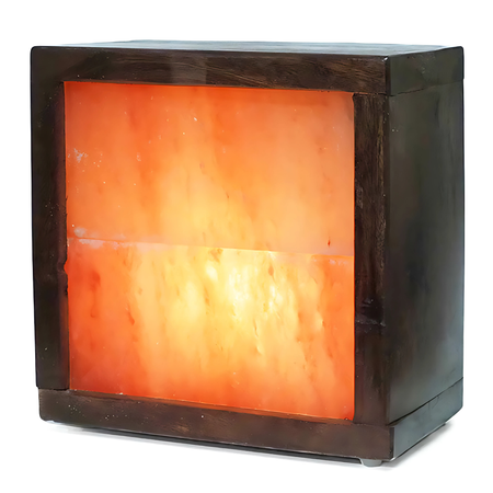 Himalayan salt slab encased in an elegant wooden box with an Australian-standard cord.