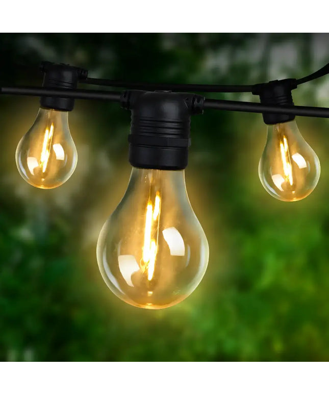 Illuminated vintage-style string of lights from 77m Black Festoon String Lights with Bulb Plug in Kit