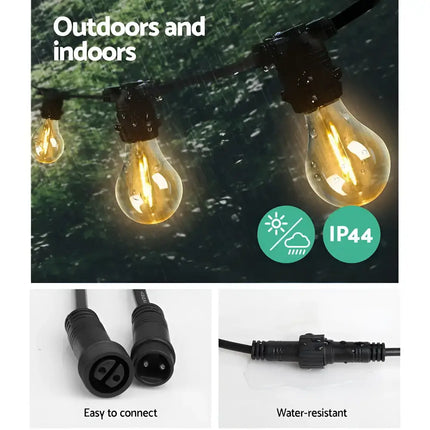 Water-resistant black festoon string lights with easy-connect plugs and 80 bulbs for outdoor decor