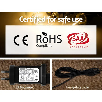 Certified electrical components in 86m Black Festoon String Lights with 90 Bulb Plug-in Kit