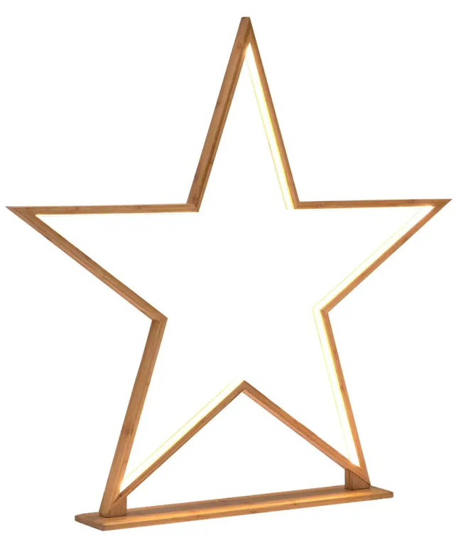 Illuminated wooden star decoration on 87cm Bamboo Star Table Lamp with LED strip lighting
