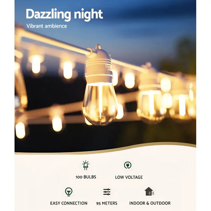 White festoon string lights with 100 bulbs and plug-in kit for outdoor decoration