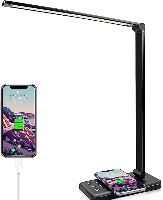 GOMINIMO LED Desk Lamp with Wireless Charger & USB Charging Port with 5 Brightness Levels & 5 Lighting Modes (Black)