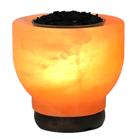 Handcrafted Himalayan salt lamp with activated coconut shell charcoal on a wooden base.