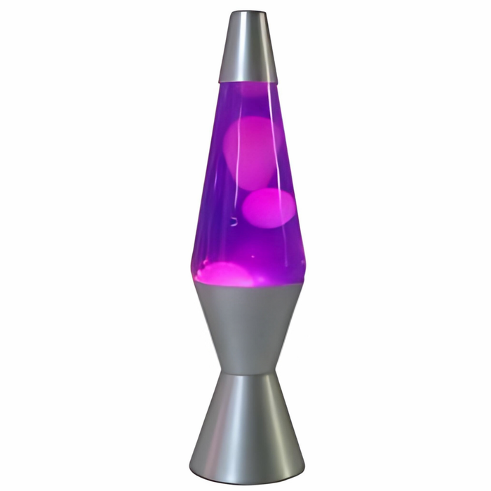Purple and White Lava Lamp – A retro motion lamp with purple wax and a silver base.