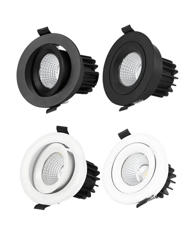 EYRE LED downlights with black and white housing on a white background
