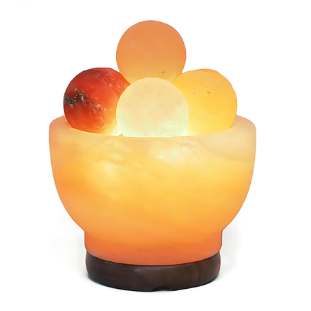 Handcrafted Himalayan salt fire bowl lamp with pink spheres and Australian-standard cord.