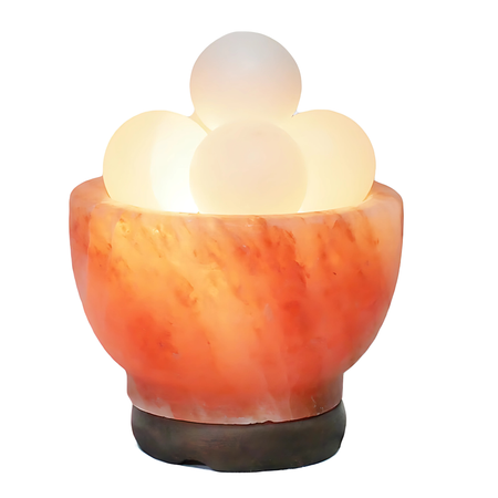 Handcrafted Himalayan salt fire bowl lamp with radiant white spheres and Australian-standard cord.