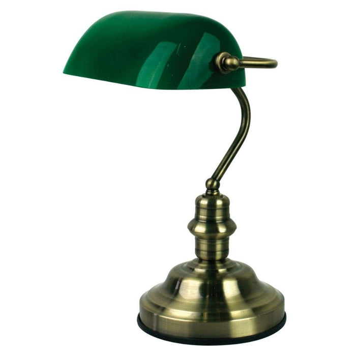 Elegant desk lamp featuring the Oriel Bankers design with a switched base.