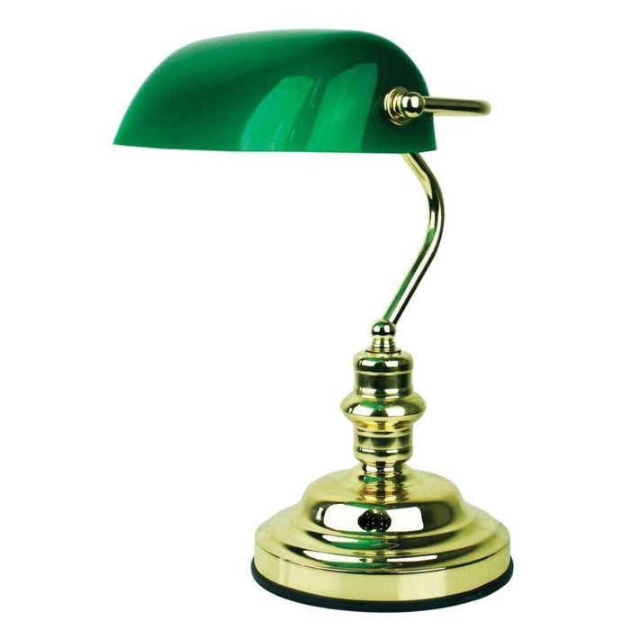 Side view of Oriel Bankers lamp in a vintage green and brass finish.