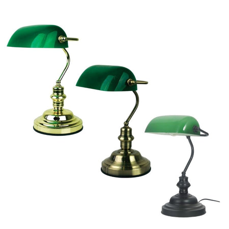 Oriel Bankers lamp with classic green shade and a convenient switch.