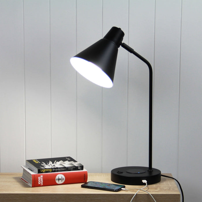 Black Oriel TARGA table lamp on a modern workspace.